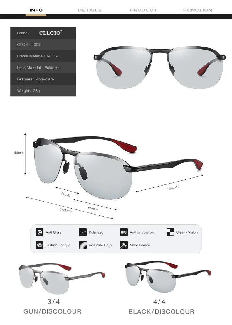 CLLOIO Top Brand Design Aluminum Rimless Photochromic Sunglasses - vaas